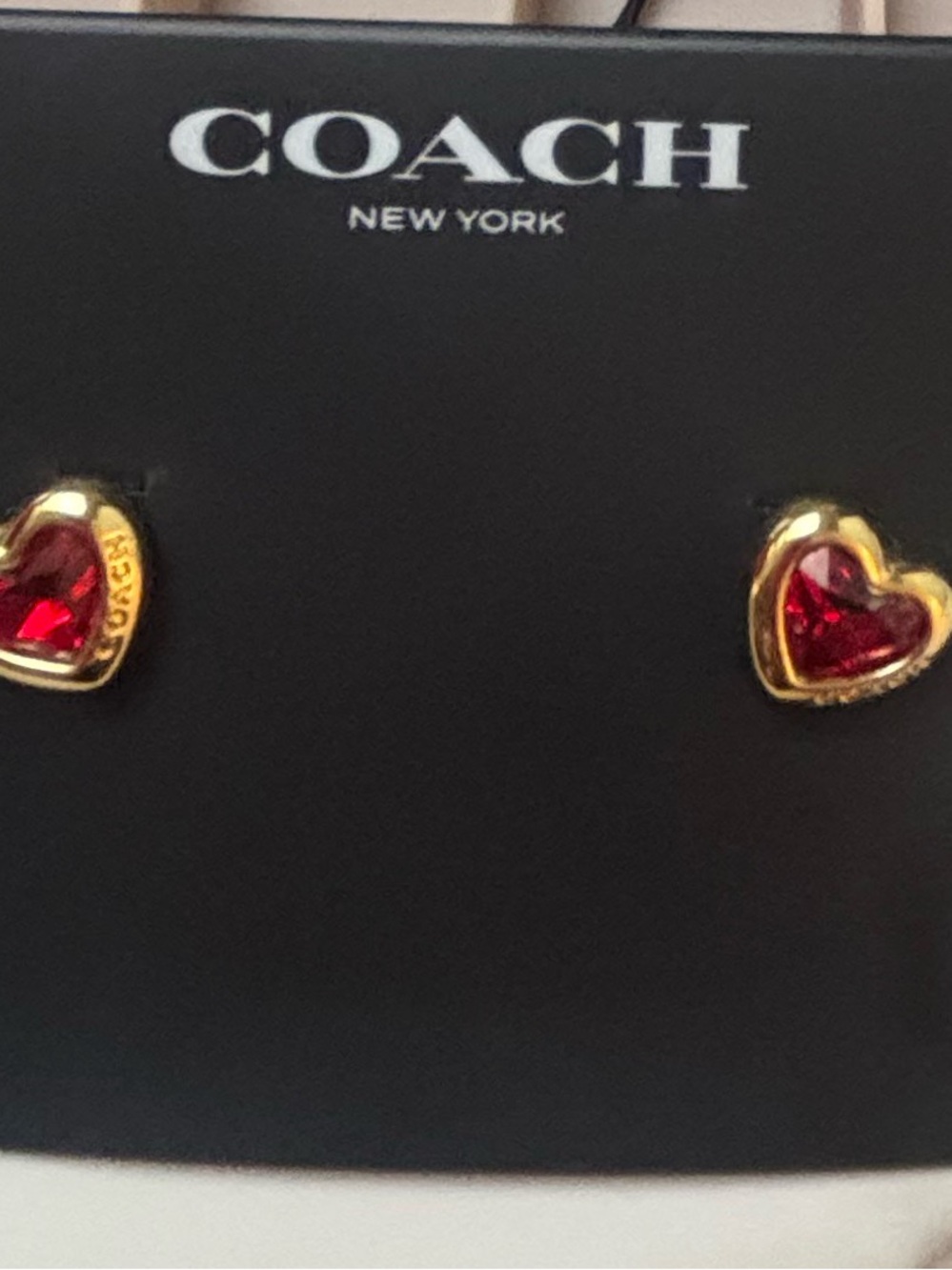 COACH Gold-Tone Heart Stud Earrings with Red Crystal Centers - Picture 5 of 6